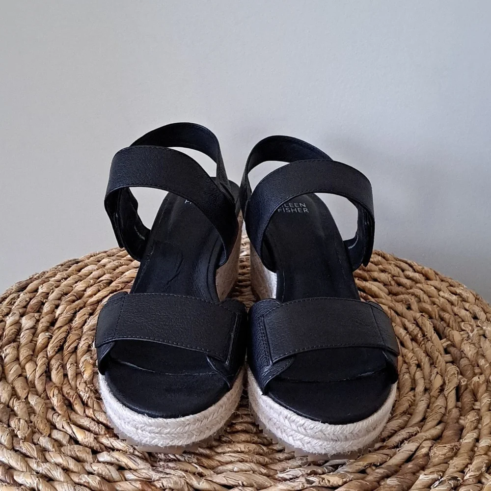 NWOT EILEEN FISHER Womens Winnie Black Leather Wedge Espadrille Platform Sandals